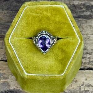 925 Sterling Silver & 14K Gold Amethyst Ring Size 7 Pear Cut 10g Statement